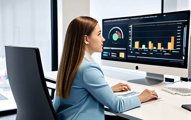 A focused female marketing strategist in a modest yet stylish business outfit, seated at a sleek, minimalist desk in a bright, contemporary open-plan office. Multiple monitors display data analytics dashboards and creative mock-ups. A whiteboard in the background shows brainstorming notes. Fully clothed, appropriate attire, safe for work, perfect anatomy, correct proportions, natural pose, well-formed hands, proper finger count, natural body proportions, professional photography, high quality, family-friendly.
