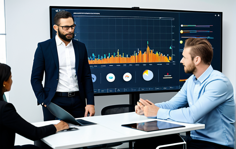 A diverse team of professional marketing strategists in modest business suits, gathered around a holographic data projection table in a sleek, modern digital agency office. Large screens in the background display complex analytics dashboards and predictive models, illustrating data-driven insights and AI integration in real-time. One strategist points to a crucial data visualization while another types on a tablet, showcasing collaborative decision-making and a focus on measurable results. The scene emphasizes strategic partnership in modern digital marketing. Fully clothed, appropriate attire, safe for work, professional, perfect anatomy, correct proportions, natural pose, well-formed hands, proper finger count, natural body proportions, high-quality photograph.