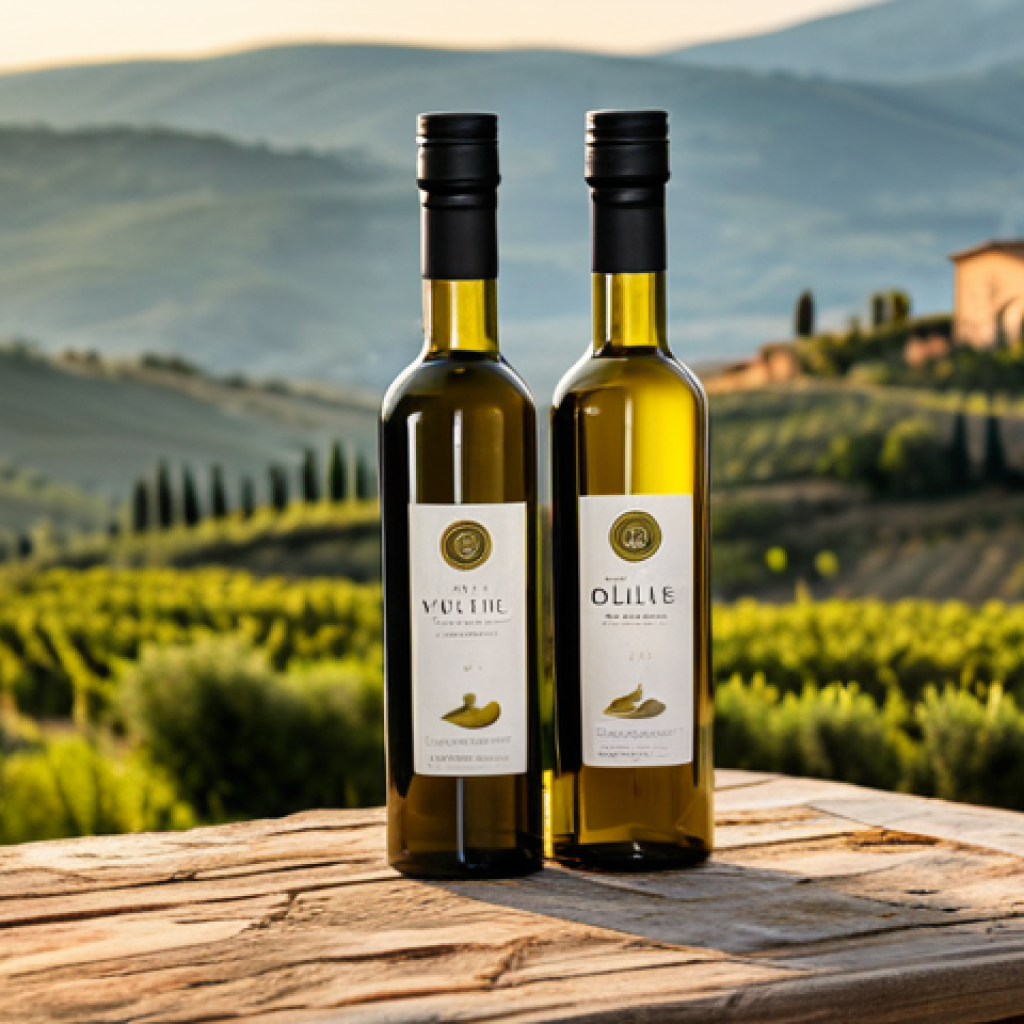 Branding Power**
"Close-up of artisanal olive oil bottles with elegant labels in a rustic Italian setting. Focus on brand logo and packaging details. Background: rolling Tuscan hills at sunset. Warm, inviting light. Perfect composition, sharp focus, professional product photography, emphasizing 'Made in Italy' quality. Safe for work, appropriate content, fully clothed."
**