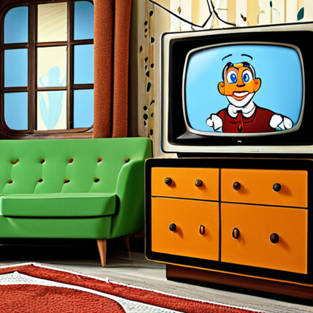 "Carosello" Era Nostalgia**

A vintage television set in a cozy Italian living room from the 1960s. On the screen, stylized cartoon characters reminiscent of "Calimero" are animated, promoting a household product. The room features period-appropriate furniture and decor. The scene evokes a sense of family togetherness. fully clothed, safe for work, appropriate content, perfect anatomy, natural proportions, professional, high quality.

**