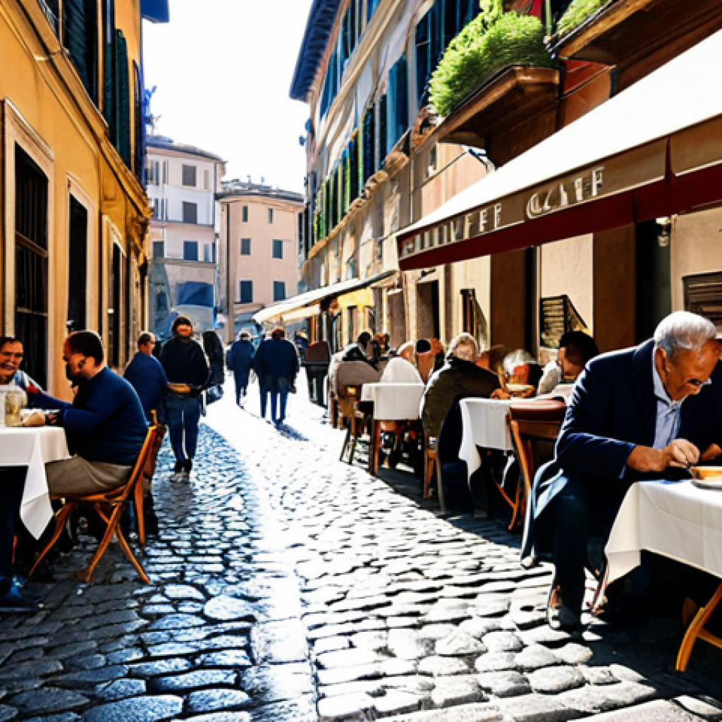 Italian Cafe Scene**

"A bustling Italian cafe scene in Rome, featuring a barista making espresso, patrons enjoying coffee and pastries at outdoor tables, cobblestone streets, warm sunlight, fully clothed, appropriate attire, safe for work, perfect anatomy, natural proportions, professional photography, high quality, family-friendly. Focus on the vibrant atmosphere and authentic Italian details."

**