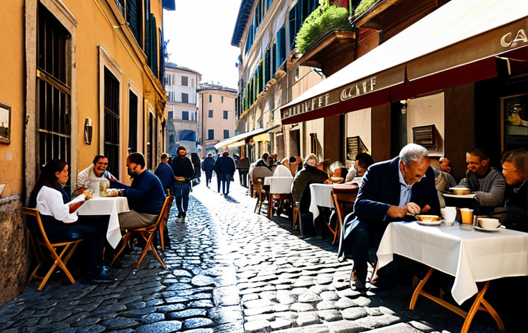 Italian Cafe Scene**
"A bustling Italian cafe scene in Rome, featuring a barista making espresso, patrons enjoying coffee and pastries at outdoor tables, cobblestone streets, warm sunlight, fully clothed, appropriate attire, safe for work, perfect anatomy, natural proportions, professional photography, high quality, family-friendly. Focus on the vibrant atmosphere and authentic Italian details."
**