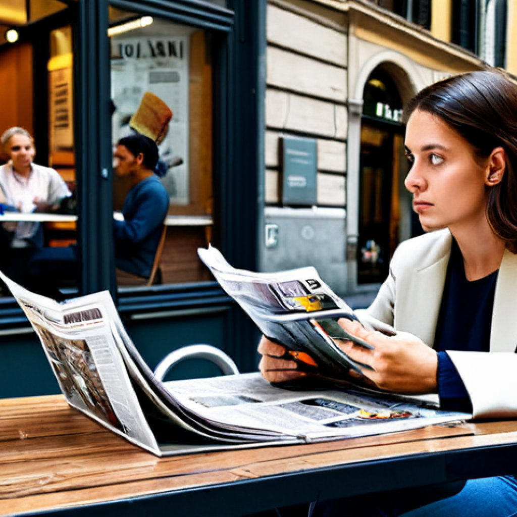 Navigating Information Overload**

"A woman sitting at a cafe table, surrounded by newspapers, magazines, and digital screens displaying advertisements, looking thoughtful and slightly overwhelmed, fully clothed in a casual but stylish outfit, outdoor setting in a bustling Milan city center, safe for work, perfect anatomy, natural proportions, professional, appropriate content, family-friendly."

2. **