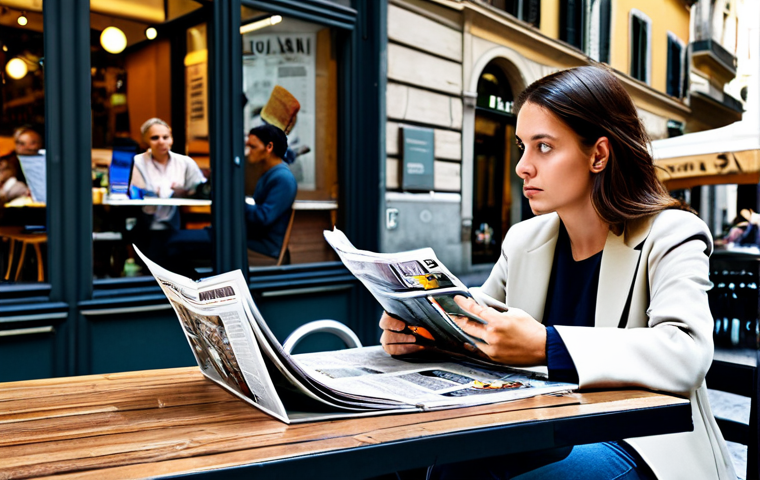 Navigating Information Overload**

"A woman sitting at a cafe table, surrounded by newspapers, magazines, and digital screens displaying advertisements, looking thoughtful and slightly overwhelmed, fully clothed in a casual but stylish outfit, outdoor setting in a bustling Milan city center, safe for work, perfect anatomy, natural proportions, professional, appropriate content, family-friendly."

2. **