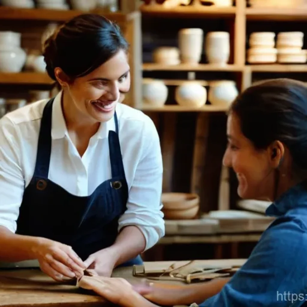 광고홍보사와 고객 중심 브랜딩 전략 - **Prompt:** A warm and inviting scene inside a charming Italian artisanal workshop. A female artisan...