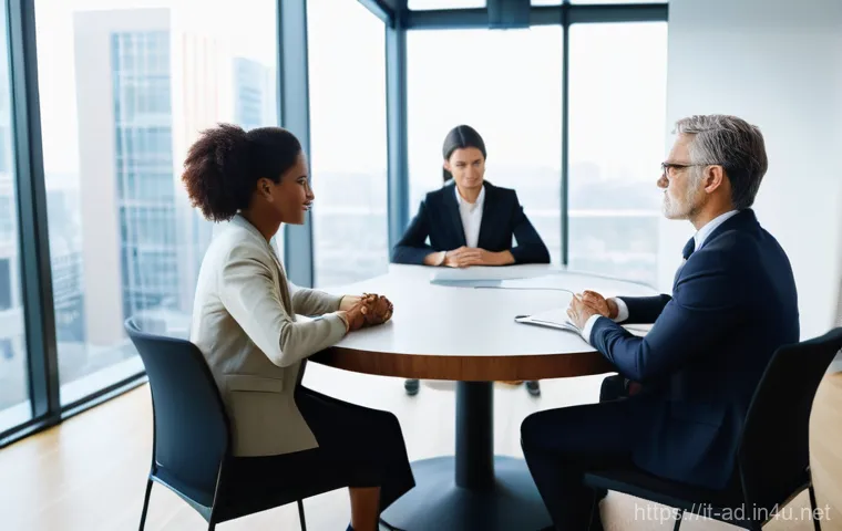 광고홍보사 협상 스킬 - **Prompt 1: Collaborative Understanding in Negotiation**
"A diverse group of three professionals...
