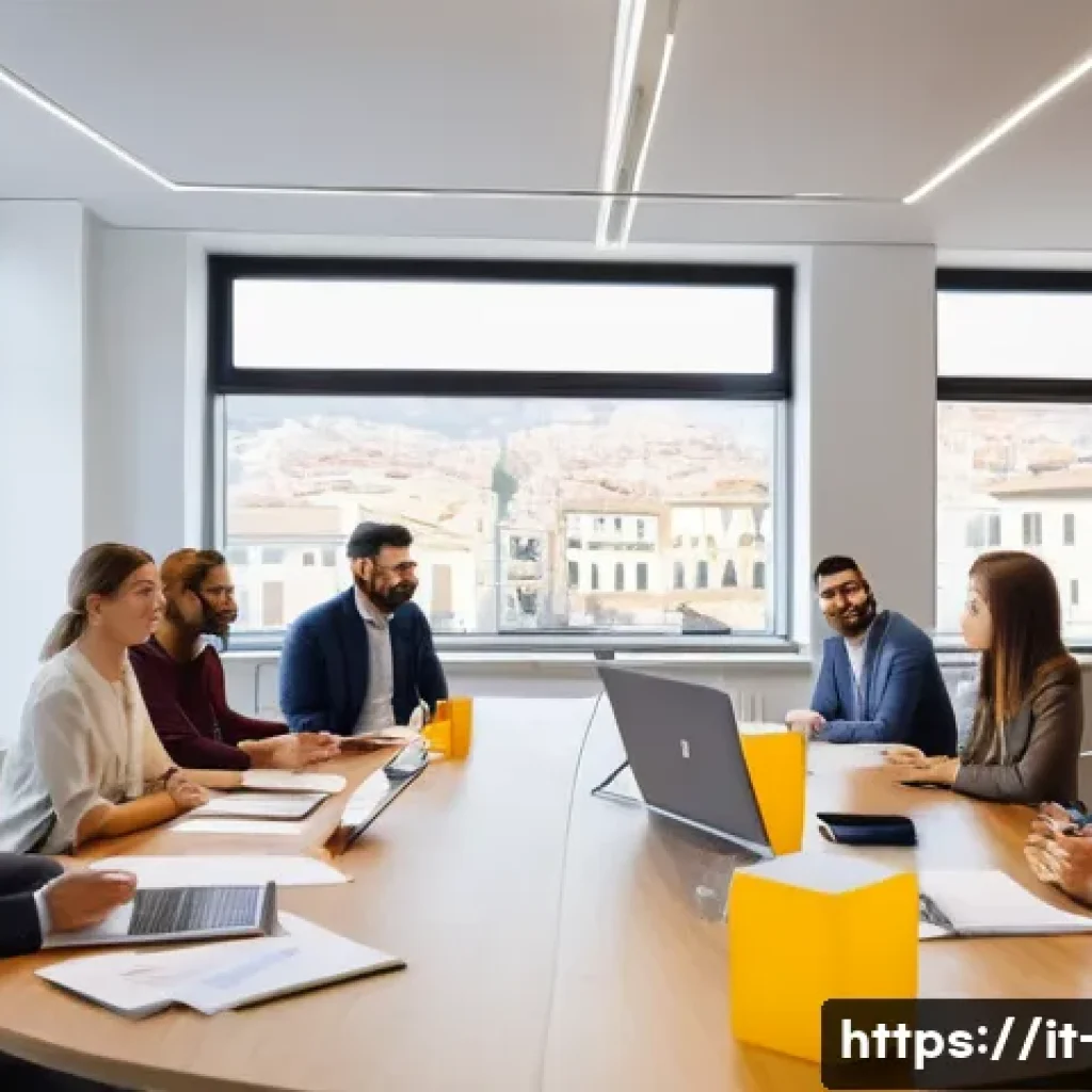 광고홍보사와 팀워크 노하우 - A professional meeting scene inside a modern Italian advertising agency office, showing a diverse te...