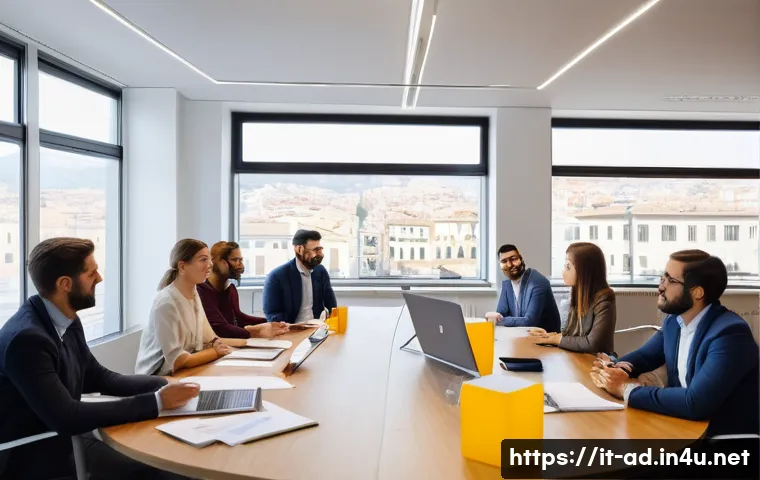 광고홍보사와 팀워크 노하우 - A professional meeting scene inside a modern Italian advertising agency office, showing a diverse te...