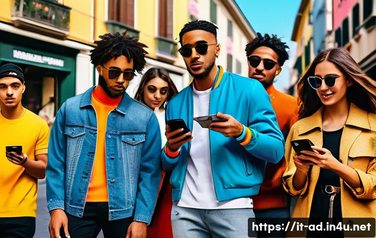 광고홍보사와 주요 광고 캠페인 분석 사례 - A vibrant street scene in Milan featuring a diverse group of stylish young adults aged 18-25, active...