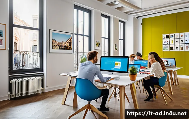 광고홍보사 블로그 운영 팁 - A modern, stylish advertising agency office in Milan, Italy, with a diverse team of young profession...
