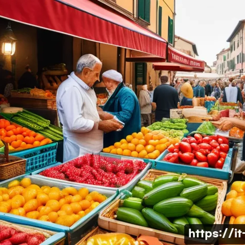 광고홍보사와 고객 충성도 구축 - A vibrant Italian street market scene during daytime, showcasing diverse local vendors engaging warm...