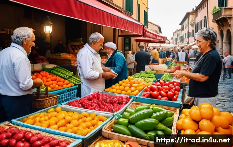광고홍보사와 고객 충성도 구축 - A vibrant Italian street market scene during daytime, showcasing diverse local vendors engaging warm...