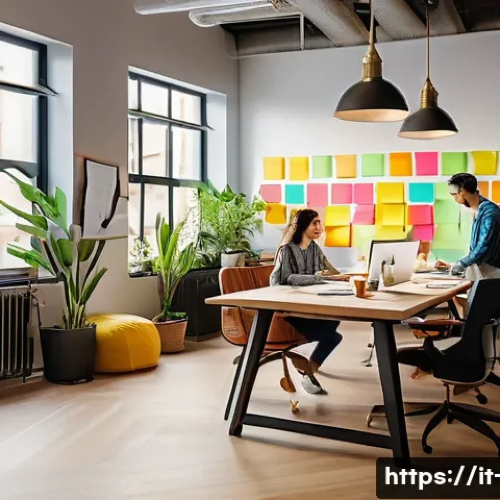 광고홍보사 창의력 훈련 방법 - A modern, bright creative workspace filled with warm colors and natural elements like plants and woo...