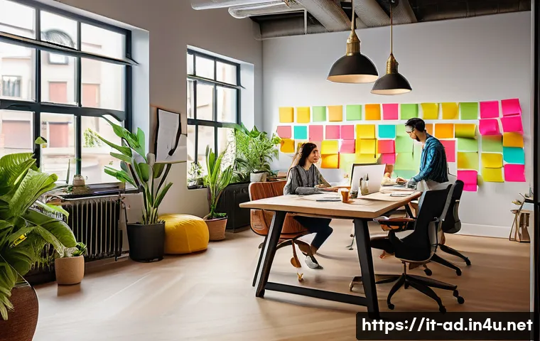 광고홍보사 창의력 훈련 방법 - A modern, bright creative workspace filled with warm colors and natural elements like plants and woo...