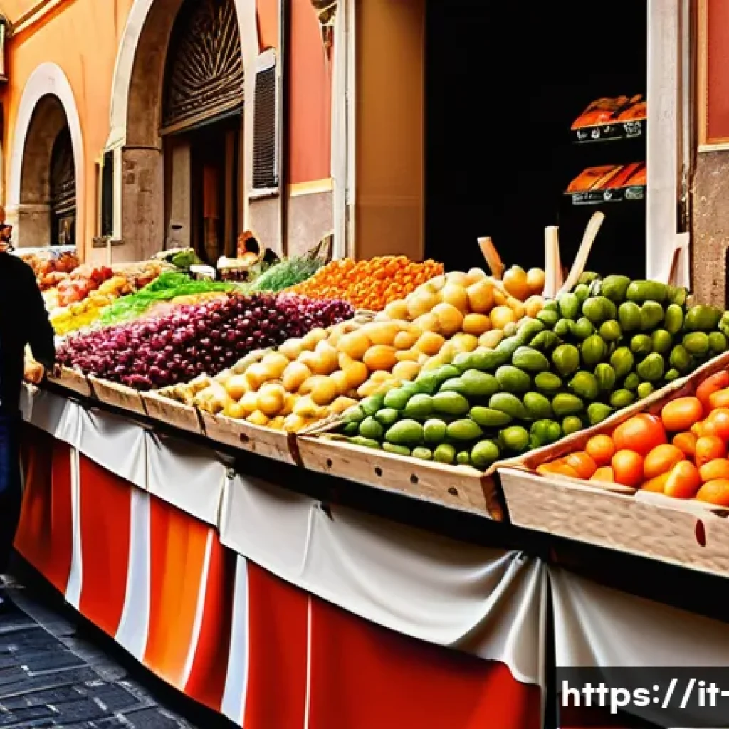 광고홍보사와 광고 심리 실험 - A vibrant Italian street market scene during a sunny afternoon, showcasing colorful product packagin...