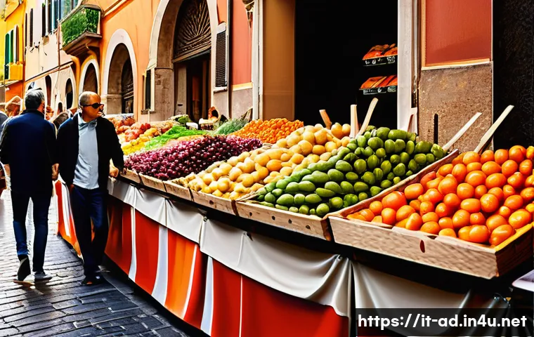 광고홍보사와 광고 심리 실험 - A vibrant Italian street market scene during a sunny afternoon, showcasing colorful product packagin...
