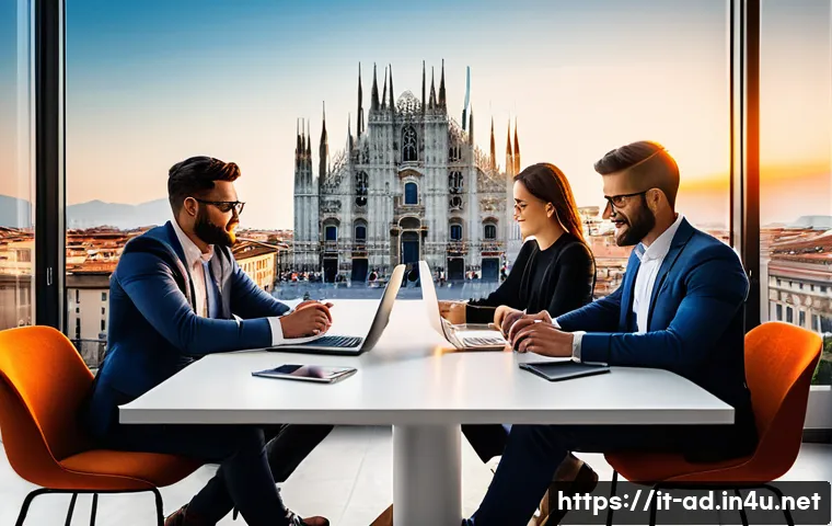 광고홍보사와 감성 중심 디지털 광고 - A warm and inviting digital marketing office scene in Milan, Italy, featuring a diverse team of prof...