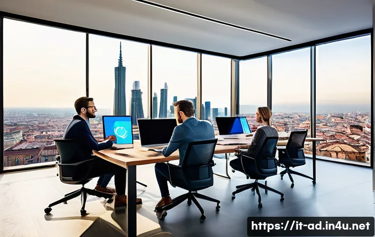 광고홍보사와 비즈니스 광고 사례 - A modern digital marketing office scene in Milan, Italy, featuring a diverse team of young professio...