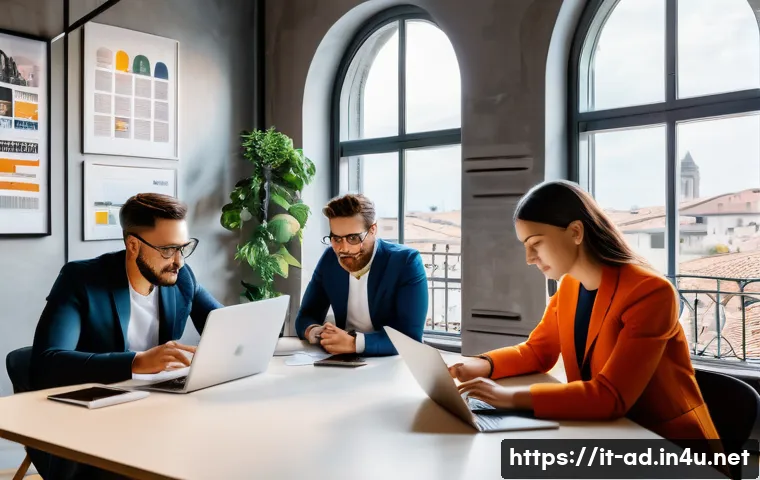 광고홍보사와 소셜미디어 트렌드 - A modern digital marketing agency office scene in Milan, Italy, featuring a diverse team of young pr...