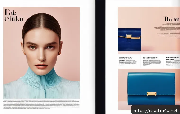 광고홍보사와 잡지 광고 디자인 - A high-resolution editorial magazine spread featuring a sophisticated fashion layout with vibrant, s...