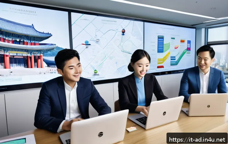 광고홍보사 해외 취업 준비 가이드 - A vibrant international marketing team meeting in a modern Seoul office, featuring diverse professio...