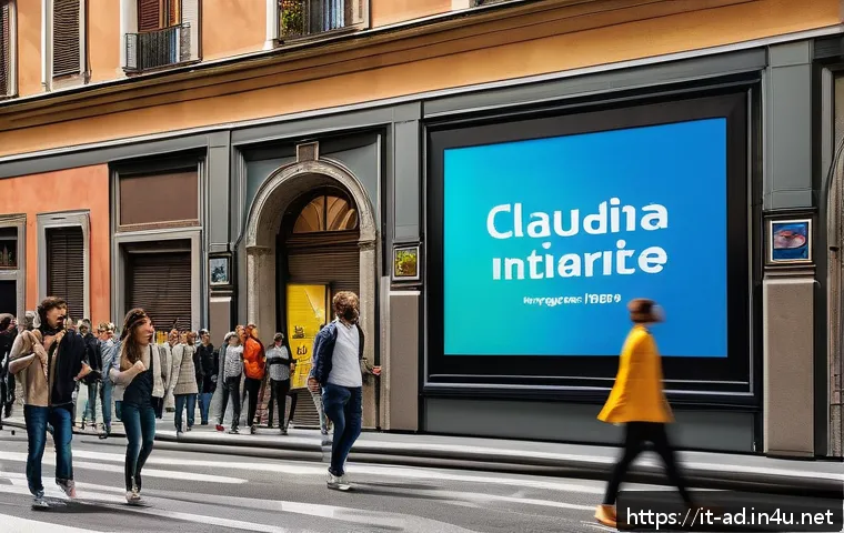 광고홍보사와 옥외광고 사례 - A bustling urban street scene in Milan featuring a large, cutting-edge digital billboard displaying ...