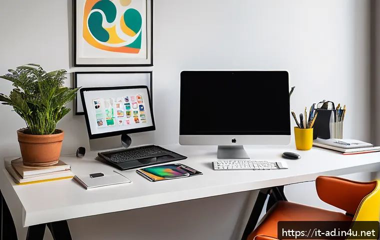 광고홍보사 프리랜서로 일하기 - A professional freelance advertising designer working at a modern home office in Milan, Italy, surro...