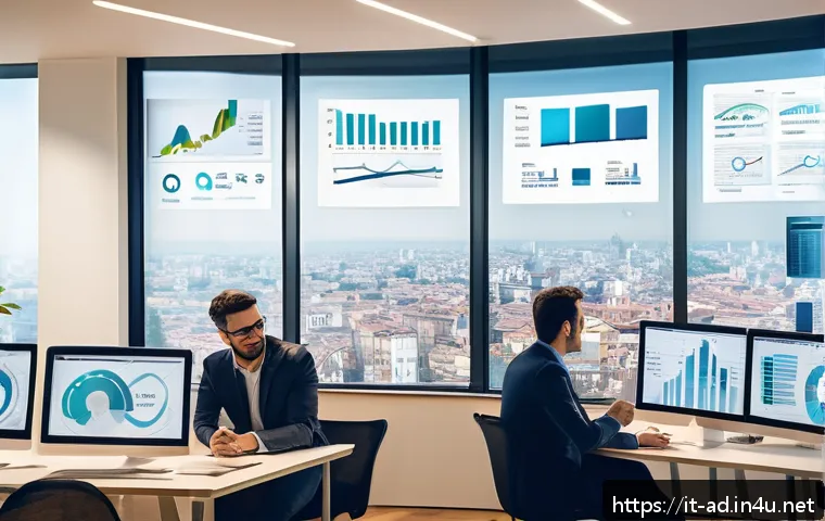 광고홍보사와 데이터 중심 고객 광고 - A modern Italian marketing office setting with a diverse team of professionals analyzing large digit...