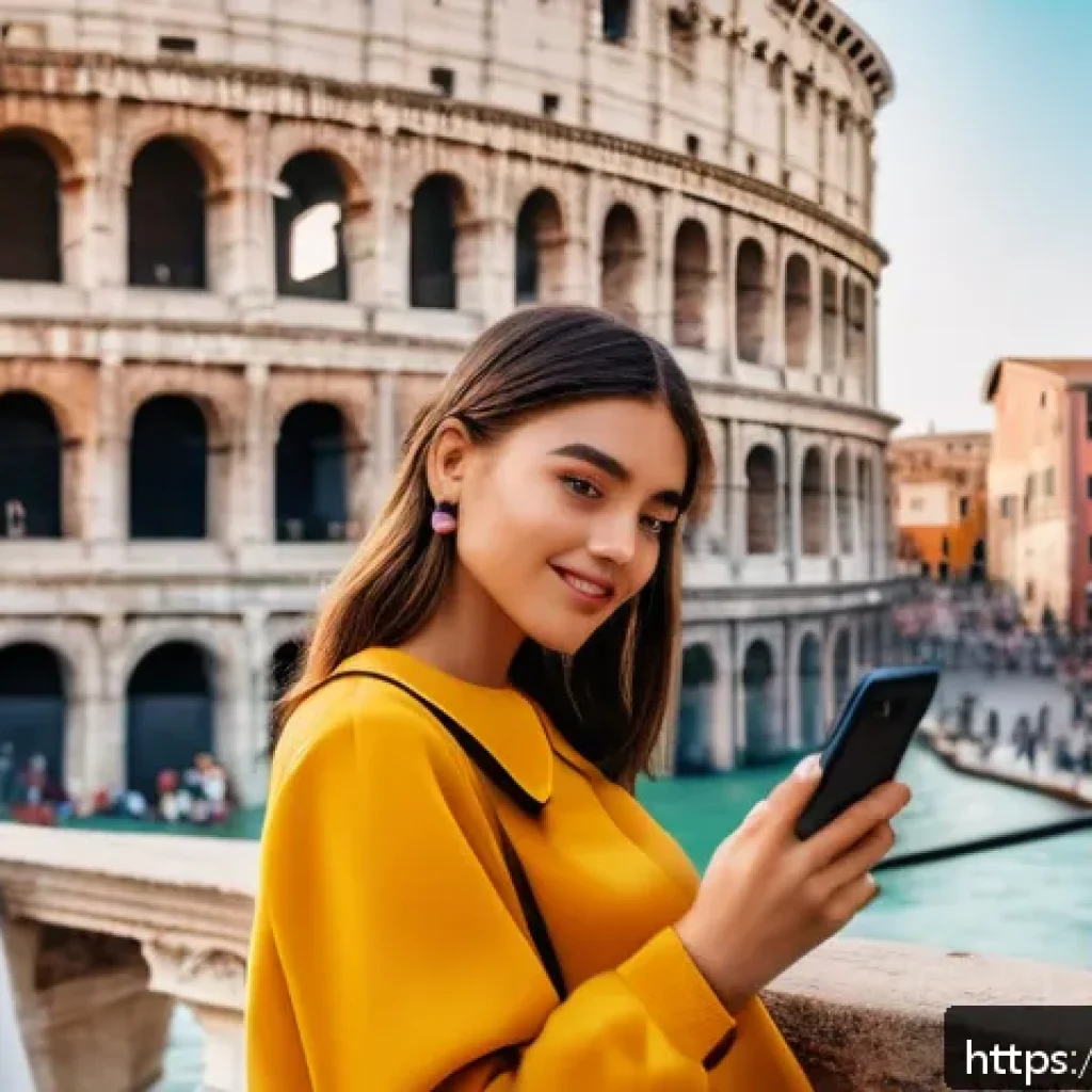 광고홍보사와 소비자 행동 연구 - A vibrant Italian urban scene featuring a young female influencer in stylish casual attire holding a...