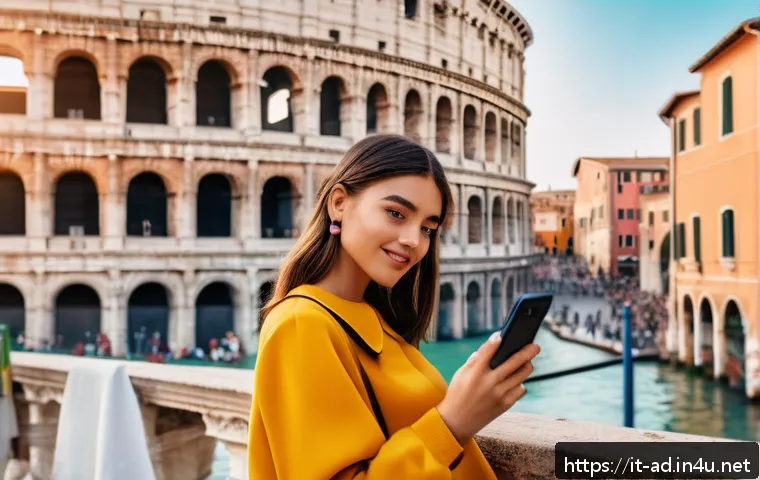 광고홍보사와 소비자 행동 연구 - A vibrant Italian urban scene featuring a young female influencer in stylish casual attire holding a...