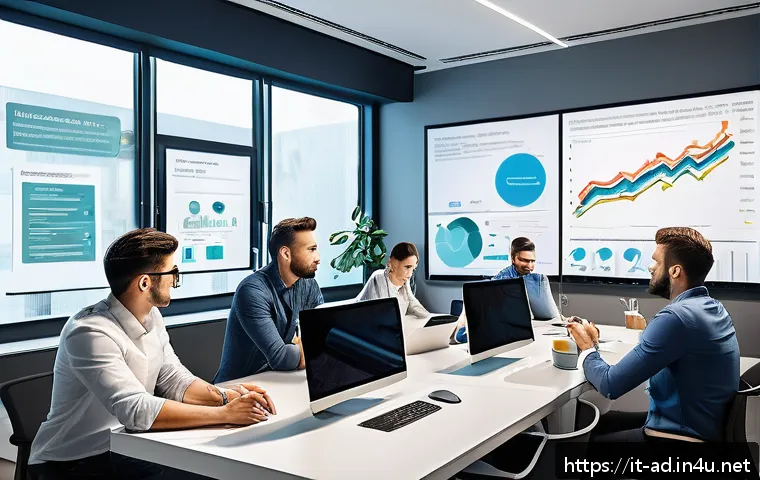 광고홍보사와 광고 캠페인 모니터링 - A modern digital marketing agency office scene showing a diverse team of professionals analyzing det...