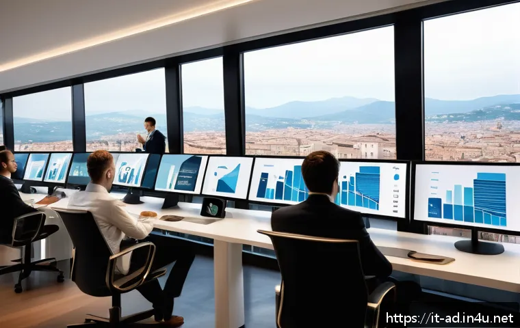 광고홍보사와 광고 콘텐츠 사례 연구 - A sophisticated Italian advertising agency office scene featuring diverse professionals analyzing bi...