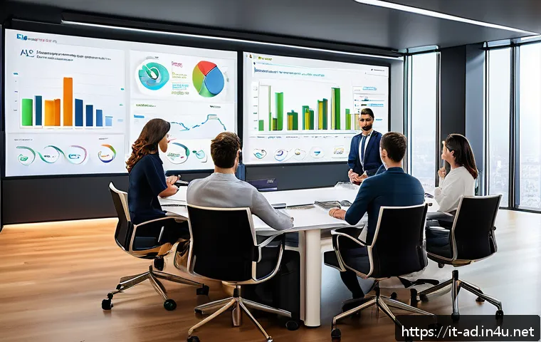 광고홍보사와 브랜드 캠페인 ROI 분석 - A modern office setting with a diverse team of Italian marketing professionals analyzing digital cam...