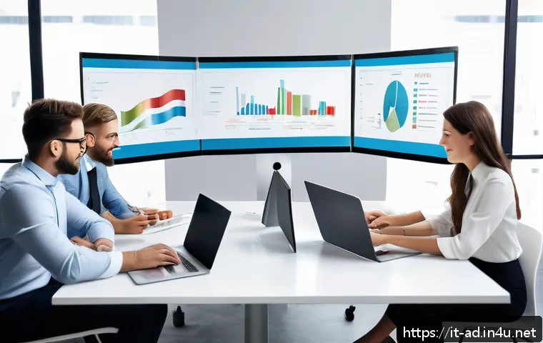 광고홍보사와 검색 광고 캠페인 - A professional digital marketing team in a modern office setting, analyzing detailed portfolio chart...