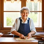 Home 23 광고홍보사와 크리에이티브 광고 심화 - A warm, nostalgic Italian kitchen scene featuring a smiling grandmother in traditional attire wearin...