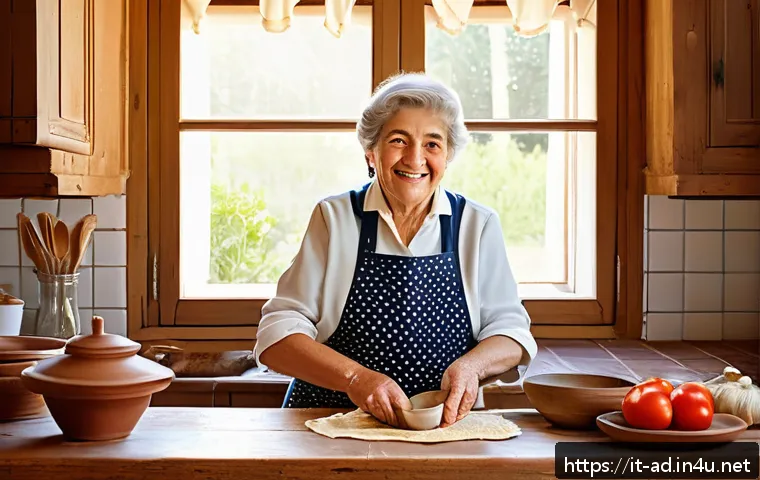 광고홍보사와 크리에이티브 광고 심화 - A warm, nostalgic Italian kitchen scene featuring a smiling grandmother in traditional attire wearin...