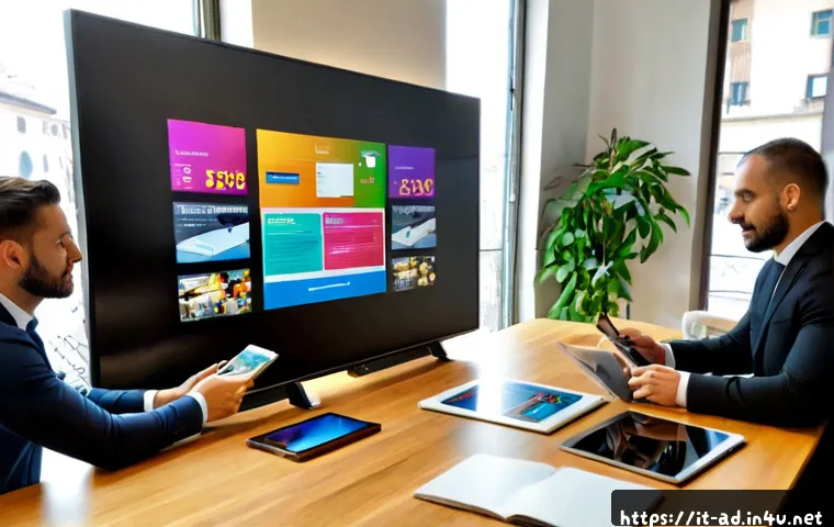 광고홍보사와 크로스미디어 광고 - Photorealistic Italian advertising agency team collaborating around a modern conference table in Mil...